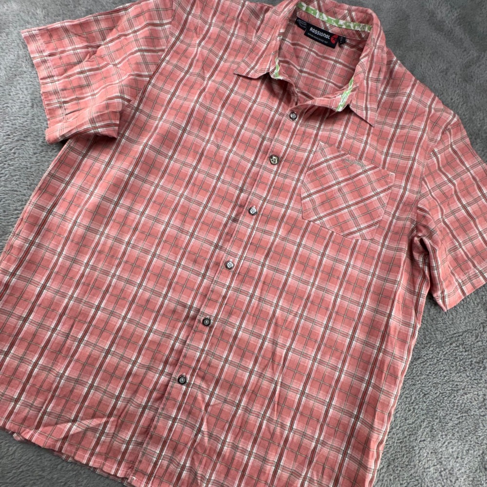 Rossignol Plaid Button Up Shirt Mens L Red Excellent Short Sleeve Outdoor Pocket